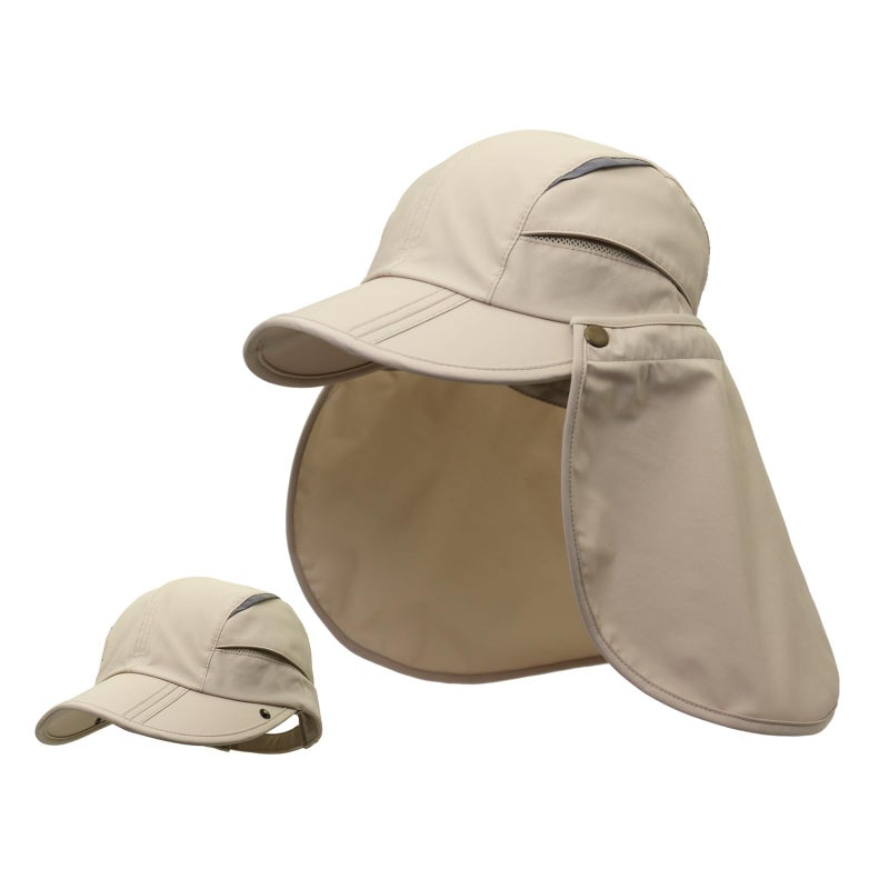LLmoway Men Outdoor UPF50+ Mesh Sun Cap UV Protection Fishing Hat Safari Cap with Neck Flap Khaki - Image 1
